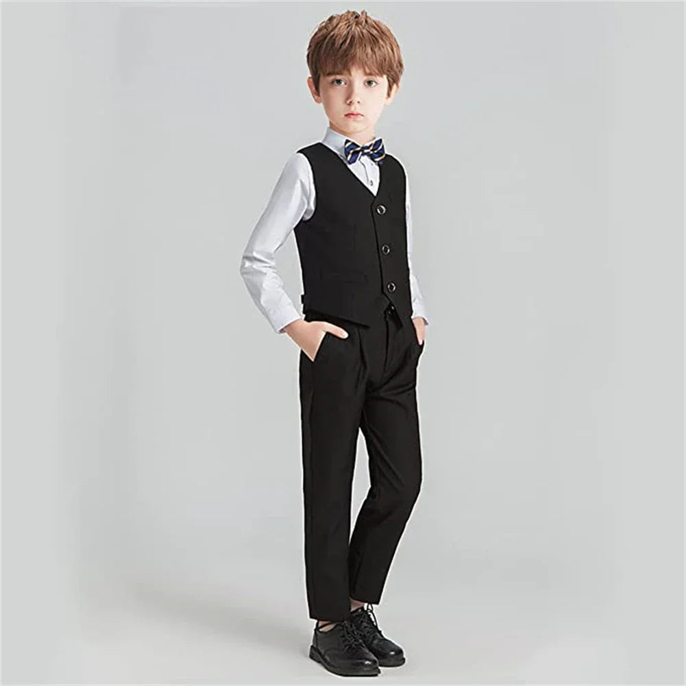 Vintage Boy's 4 Pieces Suit Set Jacket Vest Pants Bow-tie Kids Formal Tuxedo Slim Fit Slit Pocket Child Blazer Suits