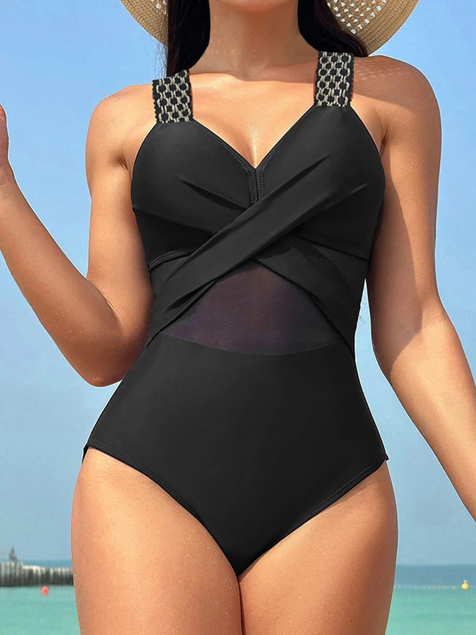 2026 Plain Ruched Mesh Swimsuit Women One Piece Ring Link Swimwear Female Sexy Bathing Swimming Suit Bodysuit Summer Beachwear