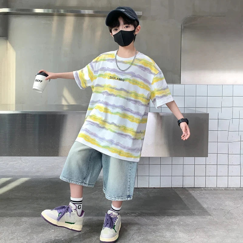 2025 New Arrival Summer Boy Clothing Set Yellow Stripe Tshirt + Denim Shorts Two Pieces Outfit Clothes Set for Kids Child 5-14T