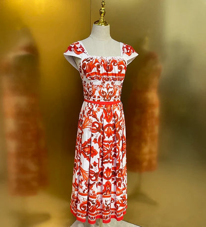 2026 Summer Women's New Fashionable Square Neck Short Sleeve Cotton Printed Waist cinching Mid length Dress