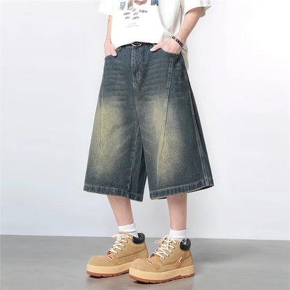 Vintage Washed Gradient Denim Mid-Rise Shorts with Streetwear Loose Wide Leg Fit for Summer Breathability