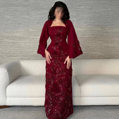 Customized Simple Burgundy Square Collar Straight Evening Dress Flower Appliques Floor Length Floor Length Party Prom Gowns