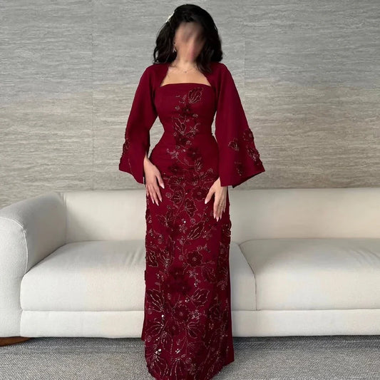 Customized Simple Burgundy Square Collar Straight Evening Dress Flower Appliques Floor Length Floor Length Party Prom Gowns