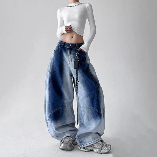 Korean Retro Gradient Jeans For Women Straight Leg Pants Wide Leg Casual Pants Blue Jeans Y2k Pants Baggy Without Pendant