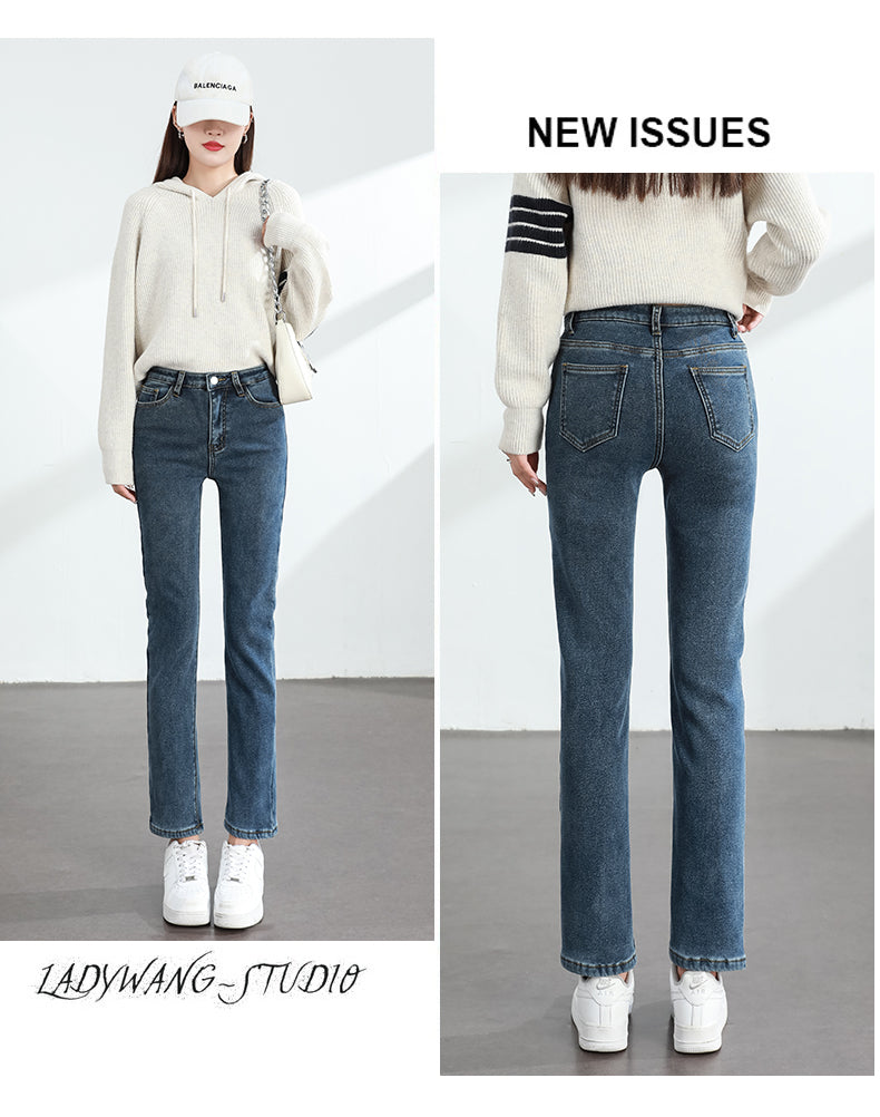 Women's Winter Fleece Warm Jeans Retro Slim Straight Elastic Cotton Thickened Warm Denim Pants Fashion Female Clothing