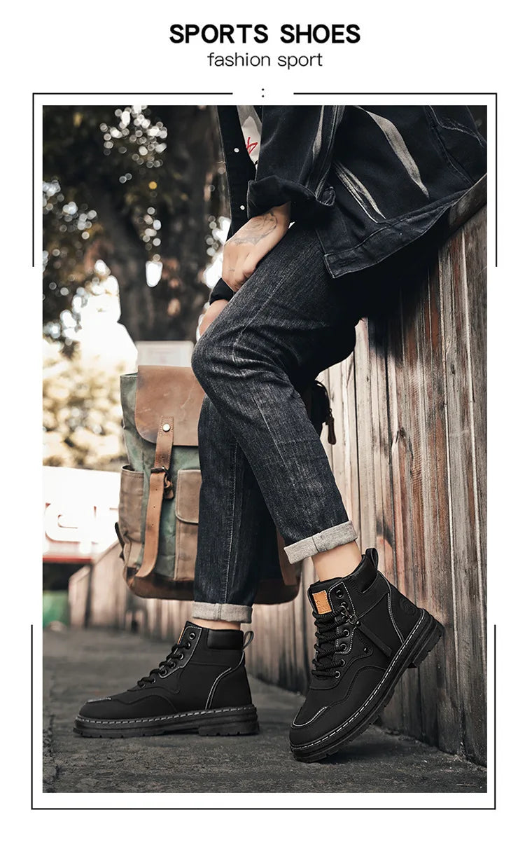 Men Boots  Autumn High Top British Korean Thick Soled Platform Comfortable Non Slip Short Boots Outdoor Lace Up Cotton Boots 202