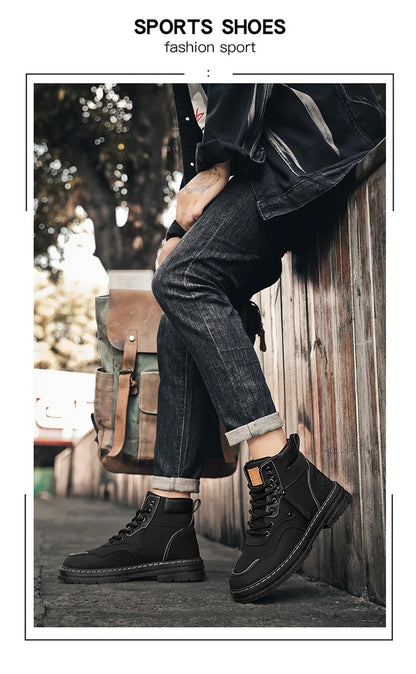 Men Boots  Autumn High Top British Korean Thick Soled Platform Comfortable Non Slip Short Boots Outdoor Lace Up Cotton Boots 202
