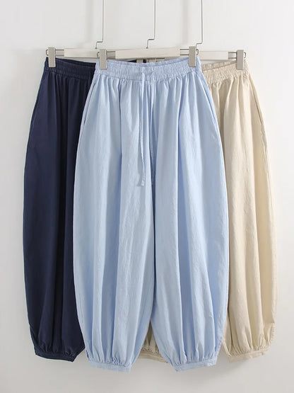 Summer Cotton Oversized Pants For Women Blue Baggy Aladdin Trousers Elastic Bloomers Navy Blue Cropped Lantern Harem Pants Woman