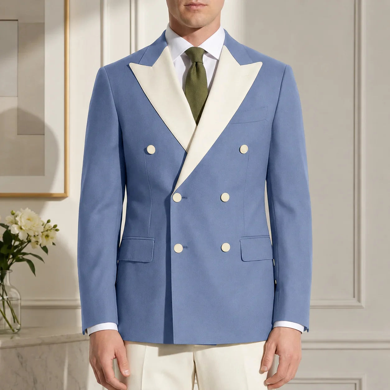 Classic Men's Tuxedo Jacket White Peak Lapel Patched Double Breasted Slim Fit Blazer for Business Formal Wedding Groom Prom Coat