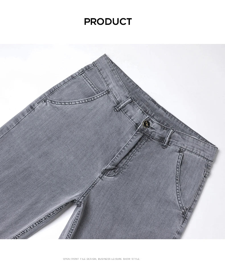 Summer Thin Men's Loose Straight Jeans Lyocell Soft Drape Business Casual Trousers Classic Smoke Gray Brand Ice Silk Pants