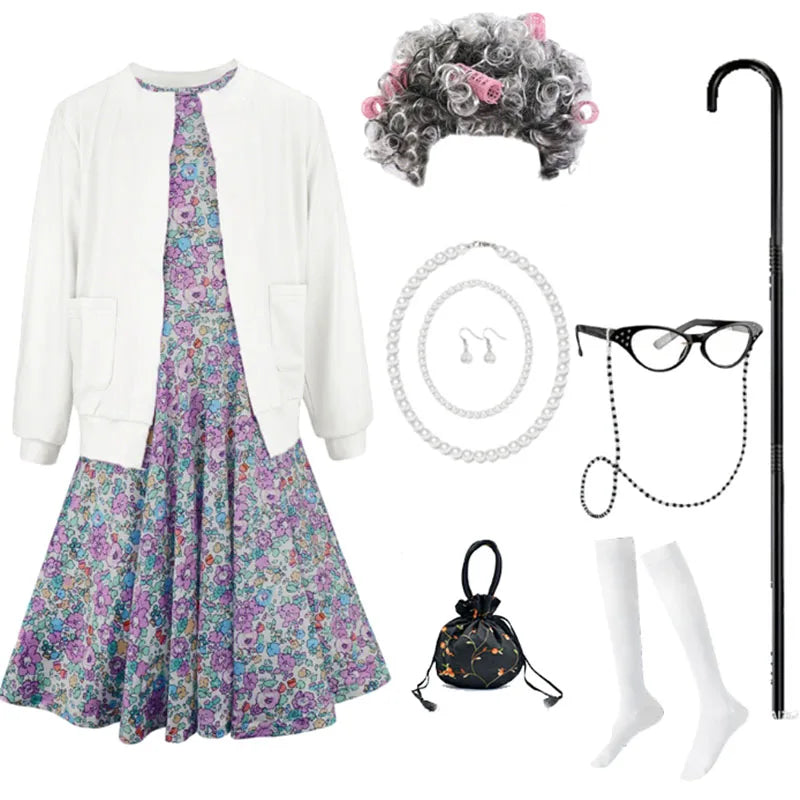 Baby Girl Celebrating 100th School Days Funny Cosplay Costumes Dress Granny Girl Cosplay Floral Old Lady Dress Up With Cane