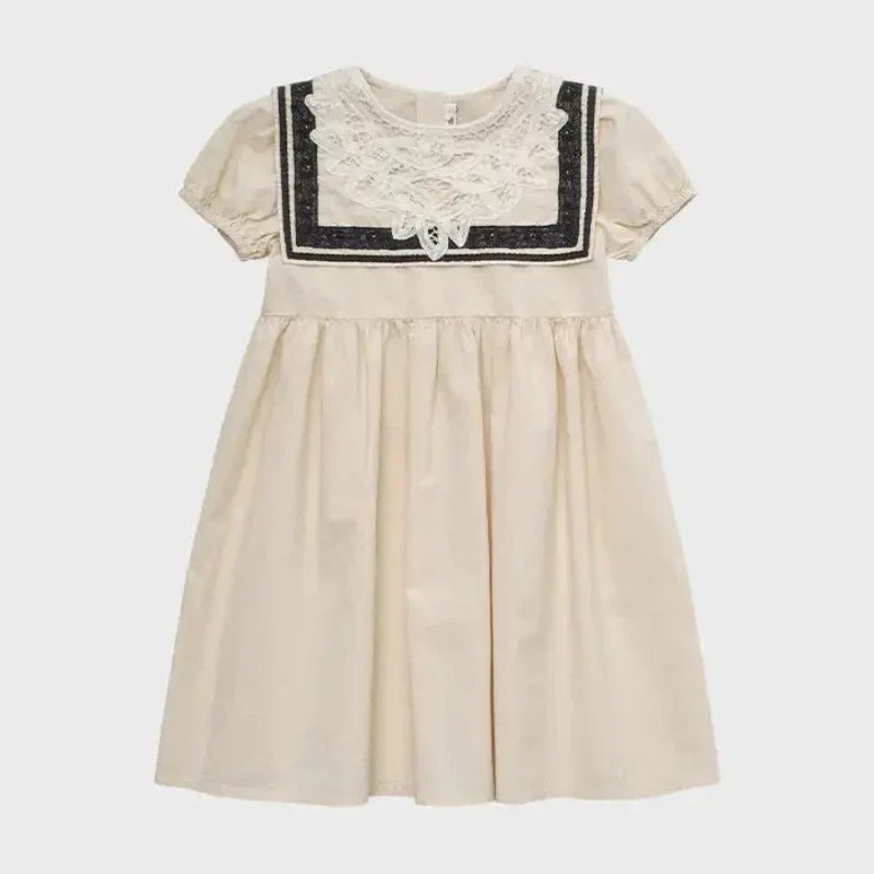 Summer LOU Girls' Printed Cotton Dress Short-Sleeved Handmade Embroidered Wide-Necked Children's Holiday Dress
