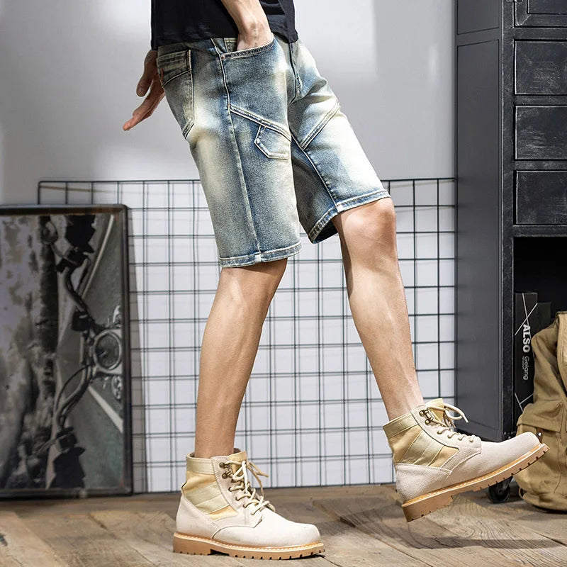 Summer Men's Denim Shorts Retro Motorcycle Elastic Cotton Fashion Knee Length Short Jeans Zipper Hip Hop Rock Streetwear