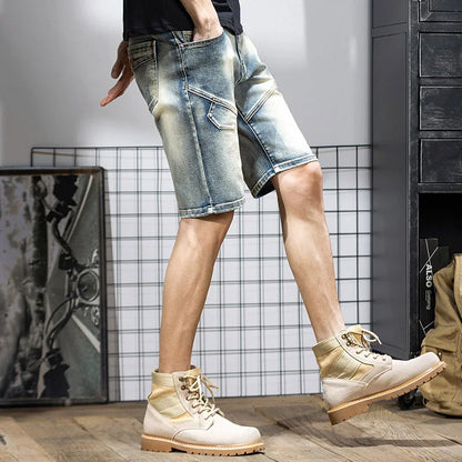Summer Men's Denim Shorts Retro Motorcycle Elastic Cotton Fashion Knee Length Short Jeans Zipper Hip Hop Rock Streetwear