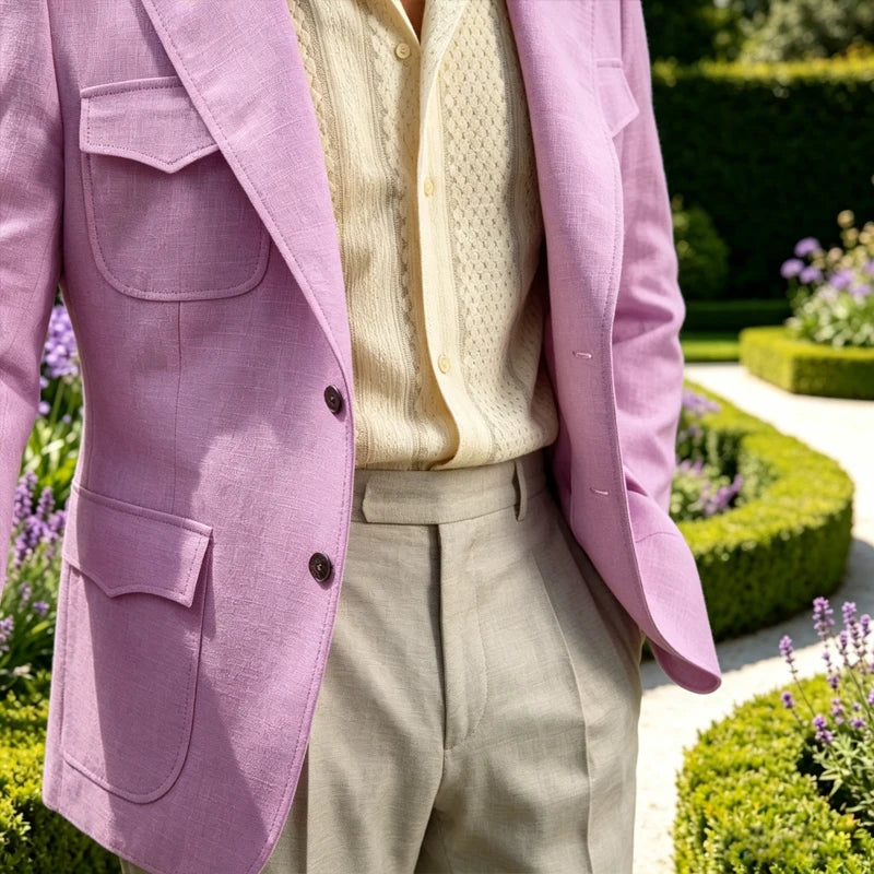 Classic Men's Linen Blazer Notched Lapel Slim Fit Breathable Elastic Suit Jacket with Flap Pockets for Wedding Prom Daily Wear