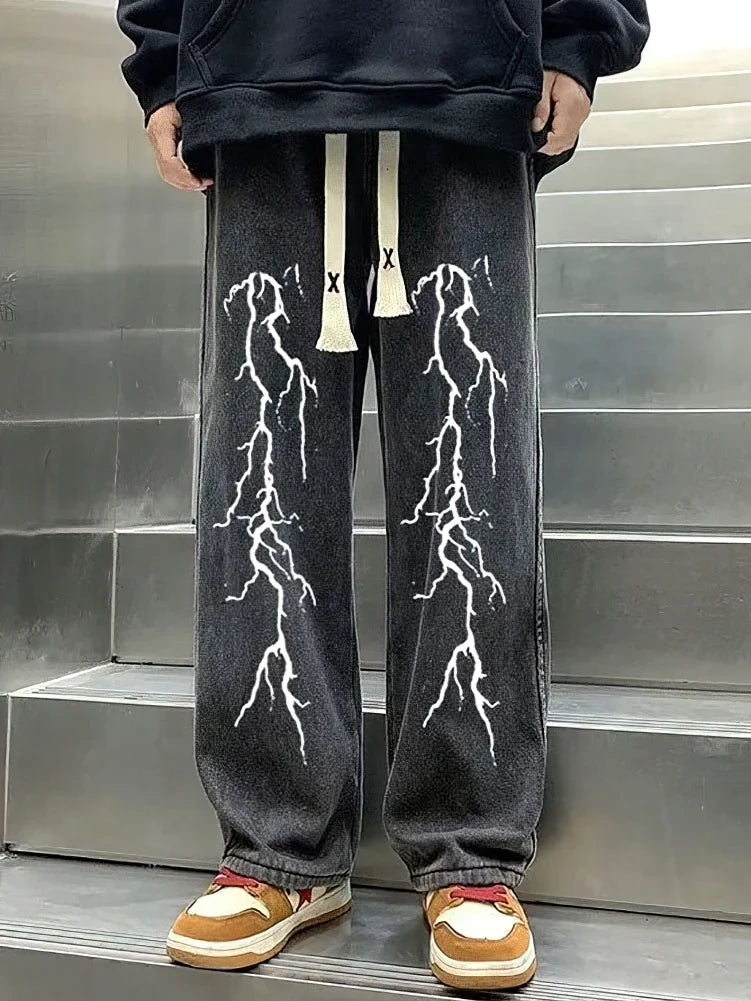 Printed Black Baggy Jeans Pants Men Straight Oversize Graphic Casual Wide Leg Denim Long Trousers Korean Drawstring Sweatpants