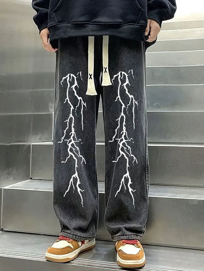 Printed Black Baggy Jeans Pants Men Straight Oversize Graphic Casual Wide Leg Denim Long Trousers Korean Drawstring Sweatpants