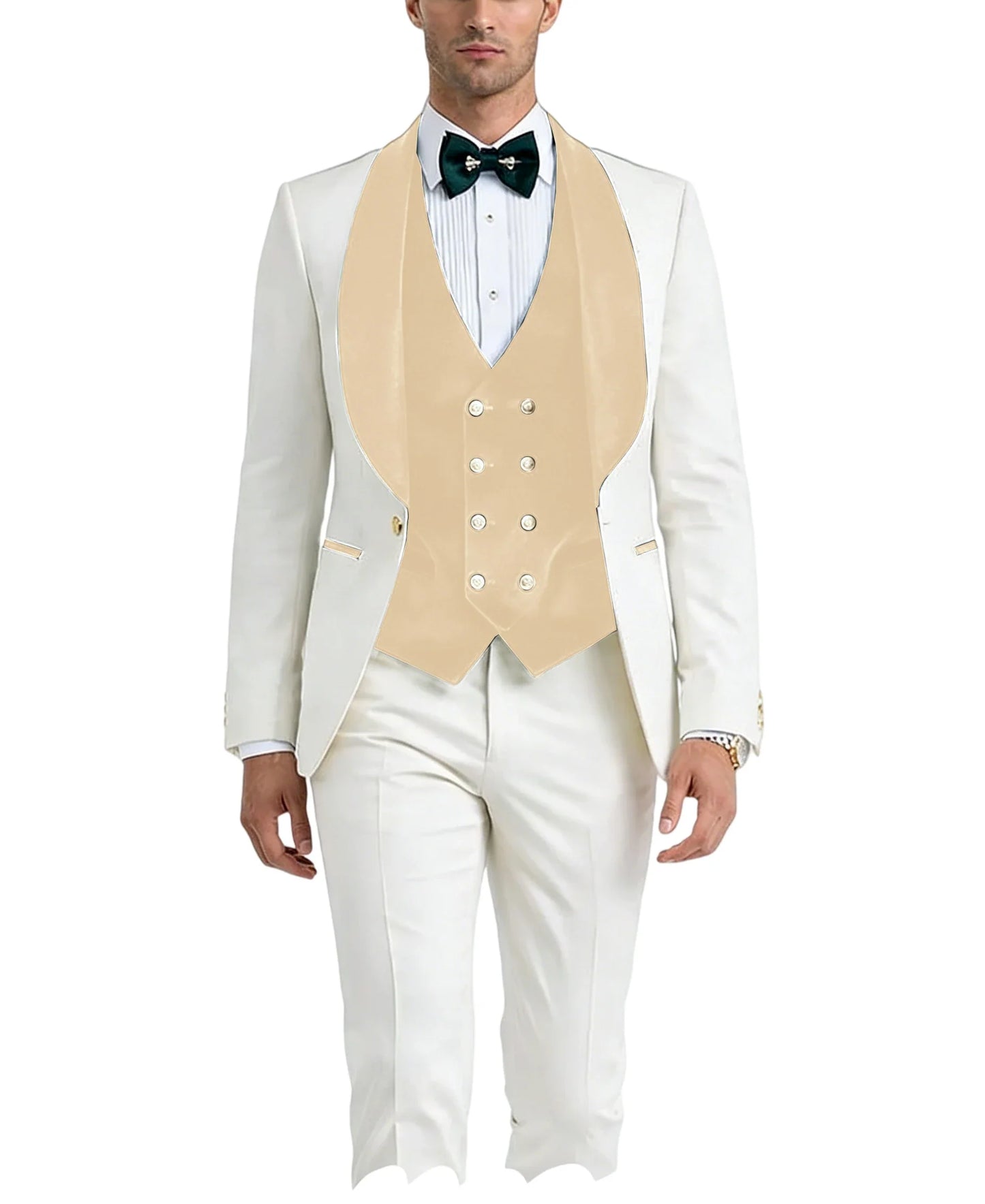 Men White Tuxedo Suit 3 Piece Shawl Lapel Slim Fit 1 Button Velvet Collar Patched Blazer Vest Pants Set for Wedding Party Groom