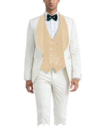 Men White Tuxedo Suit 3 Piece Shawl Lapel Slim Fit 1 Button Velvet Collar Patched Blazer Vest Pants Set for Wedding Party Groom