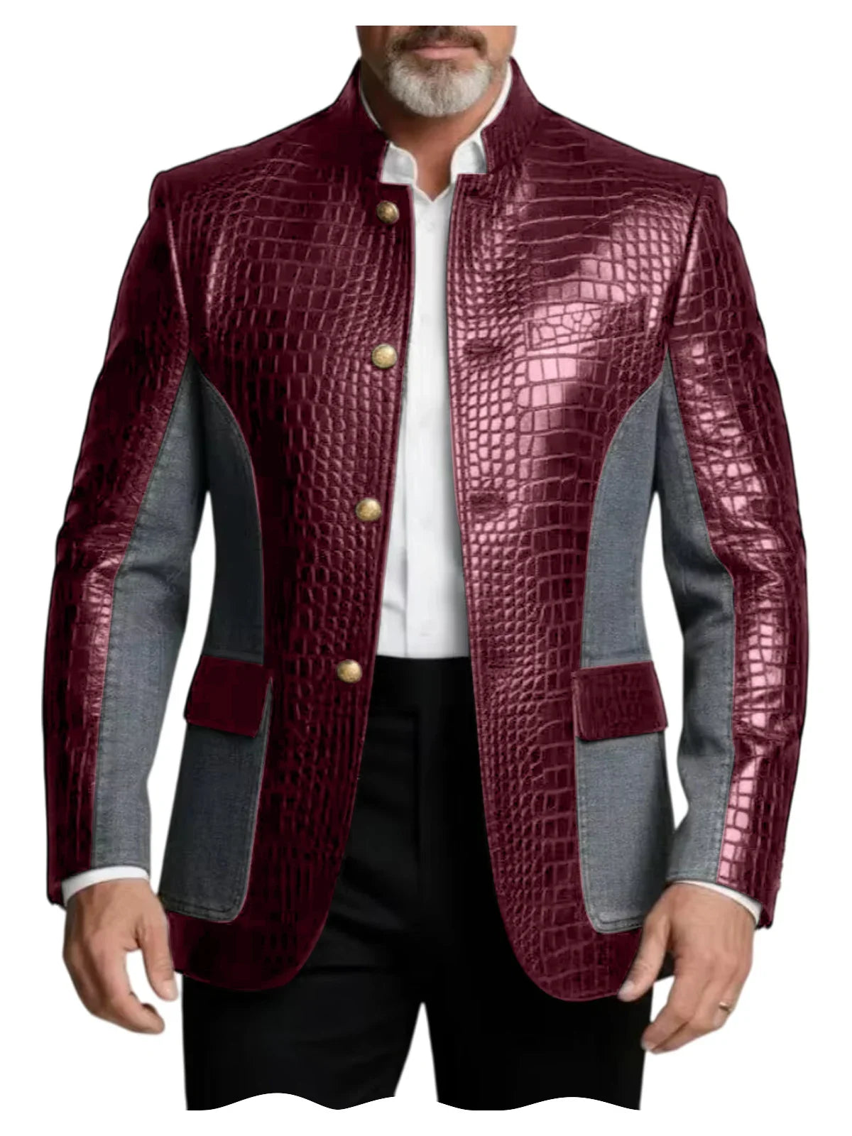 Men's Crocodile Embossed Leather Brown Jacket Patchwork Denim Stand Collar Slim Fit Luxury PU Blazer For Business Casual Party