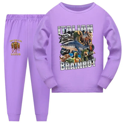 Italian Brainrot Meme Clothes Kids Cartoon Tung Sahur Pajama Sets Boys Long Sleeve Tops Legging 2pcs Set Girls Casual Sleepwear