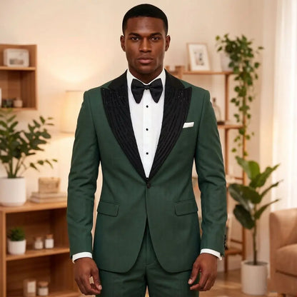 2 Pieces Men Suits Slim Fit Beaded Wedding Prom Tuxedo Shawl Lapel Single Decorative Button Formal Groom Party Office Wear