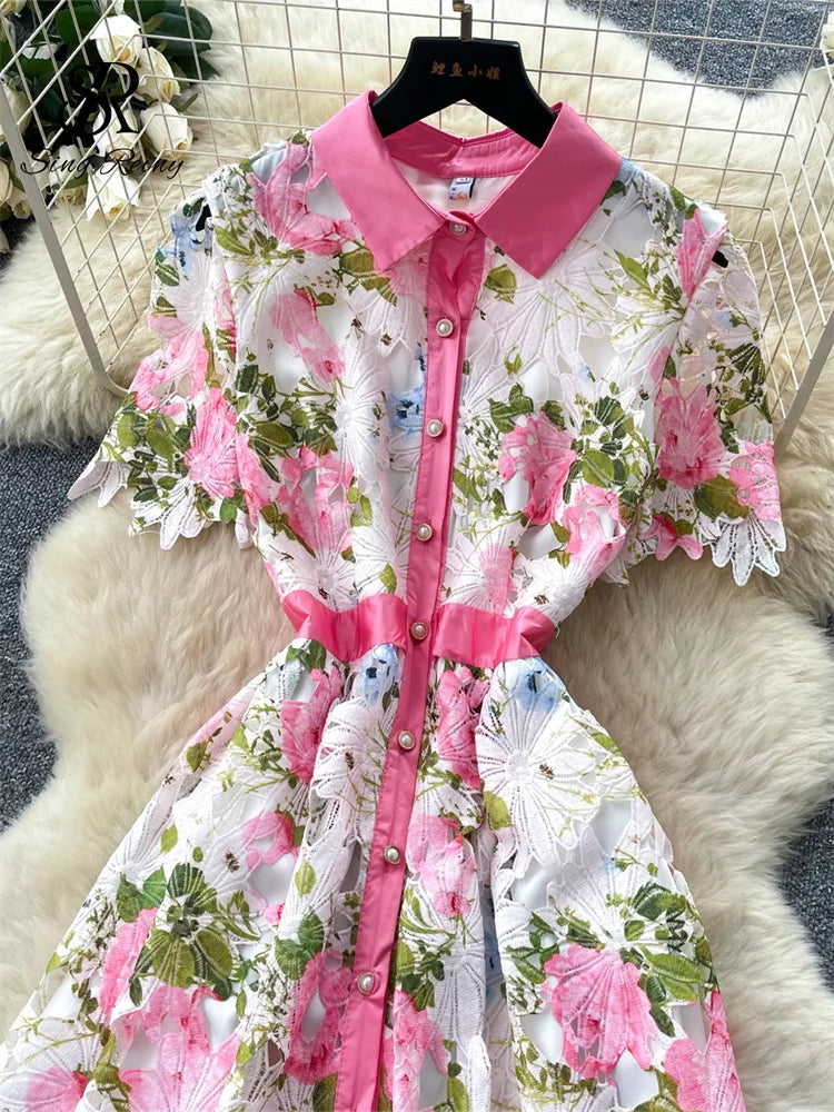 Embroidery Flower Vacation Dress French Style Blet Lapel Slim High Quality Hollow Out Ladies Elegant A-line Long Dress