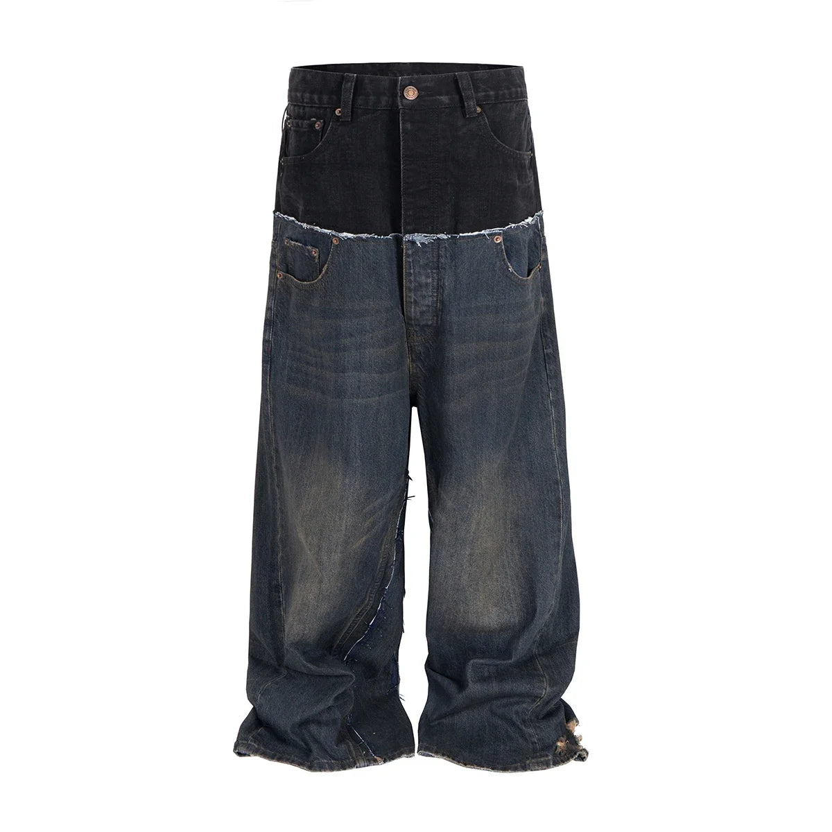 Double-layer Double Waist Patchwork Baggy Jeans for Men and Women Straight Casual Loose Denim Trousers Oversized