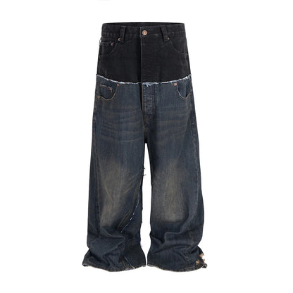 Double-layer Double Waist Patchwork Baggy Jeans for Men and Women Straight Casual Loose Denim Trousers Oversized