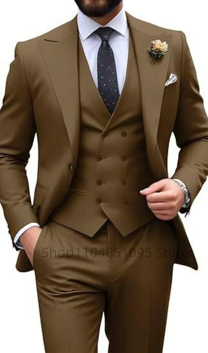 Men's Solid Color Slim Fit Formal Business Suit Wedding 3-Piece Set with Peak Lapel Blazer Vest And Trousers for Party Prom