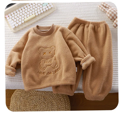 Winter Warm Kids Loungewear Suit Baby and Girls Boys Loose Embroidery Full Fleece Coat Tops+Pant Set Child 2PCS Homewear 1-8 Yrs