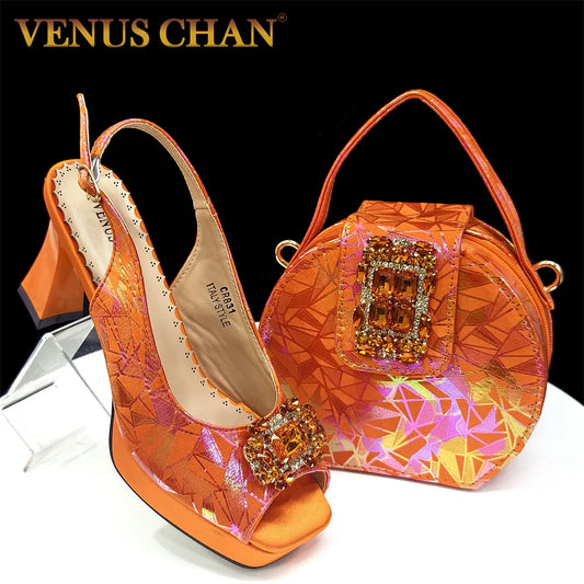 2025 INS Orange Color Elegant Women Shoes and Bag Set Decoration Rhinestones Square Head Women High Heels Shoes