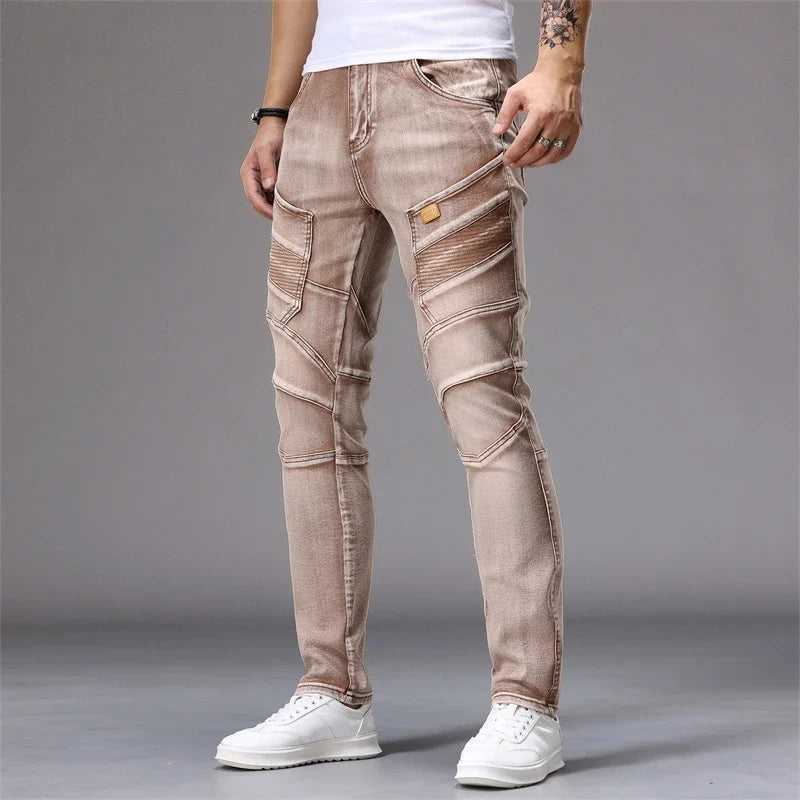 Men's Patchwork Skinny Ripped Jeans Fashion Trousers Elastic Slim Hole Biker Denim Pants Hip-hop Rock American Streetwear