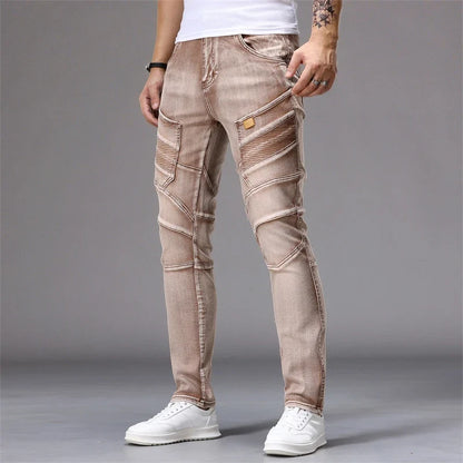 Men's Patchwork Skinny Ripped Jeans Fashion Trousers Elastic Slim Hole Biker Denim Pants Hip-hop Rock American Streetwear