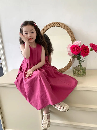 2026 New Summer Children Girls Sleeveless Dress Teen Solid Color Cotton Loose Casual Sundress Kids Vacation Style Princess Dress