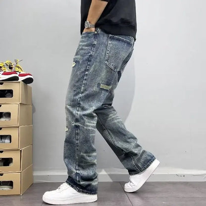 Korean Retro Ripped Jeans Embroidered Slim Fit Men'S Straight Leg Pants Graffiti Jeans Fashion Casual Pants