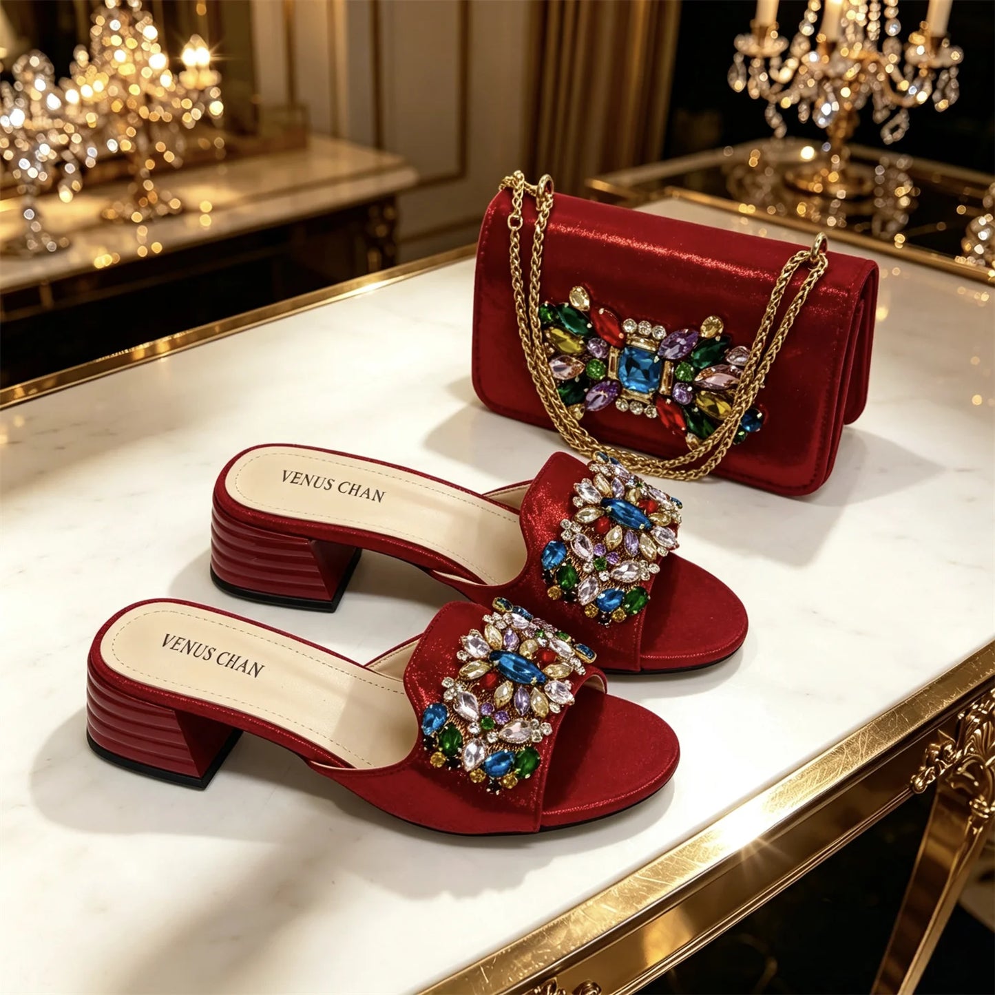 2026 Silver Rhinestone Mules Matching Bag Set Women Peep Toe Block Heel Sandals Wedding Evening Crossbody Handbag