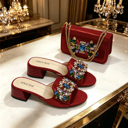 2026 Silver Rhinestone Mules Matching Bag Set Women Peep Toe Block Heel Sandals Wedding Evening Crossbody Handbag