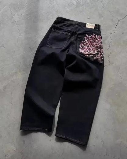 Y2K Vintage Low Waist Hip Hop Cherry Blossom Embroidered Jeans  Wide Leg Trousers Clothes Mens Embroidered Baggy Jeans Womes