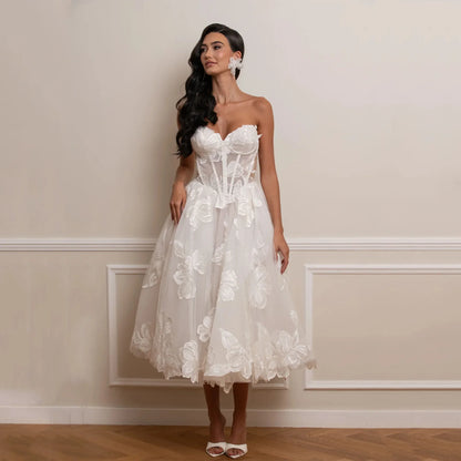 2027 Sweetheart Strapless Midi Bridal Dress 3D Floral Lace Tea Length Short Civil Wedding Gown For Women Elopement Customized