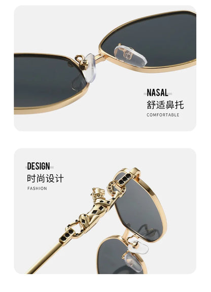 Punk Women's Retro Metal Frame Sunglasses Leopard Head Decor UV400 Shades Fashion Gradient Sun Glasses for Street & Vacation