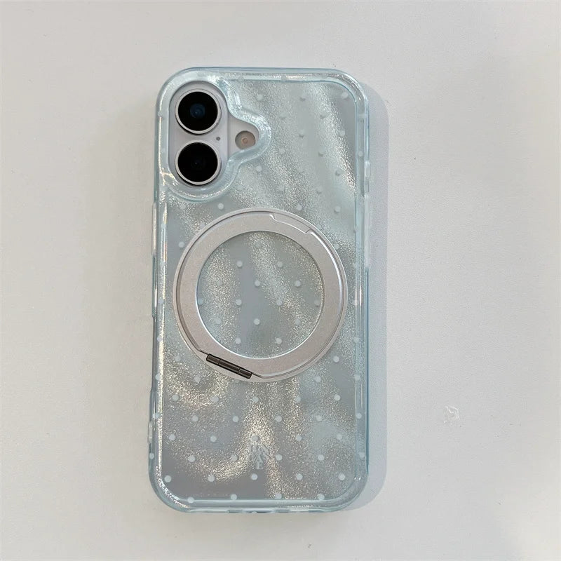 Luxury Polka Dot Ring Stand Holographic Phone Case For iPhone 15 16 17 Pro Max Shockproof Protective Cover
