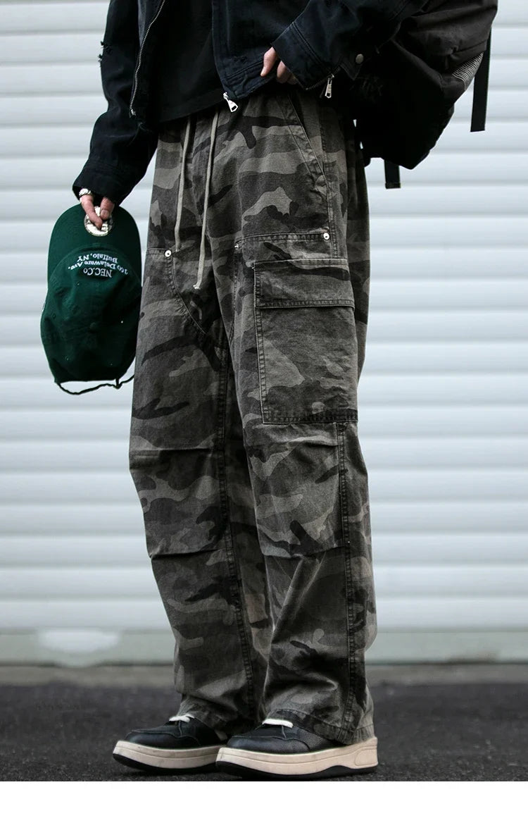 American Tactical Cargo Pants Men Heavyweight Cotton Loose Fit Straight Leg Camouflage Vintage Washed Outdoor Streetwear Premium