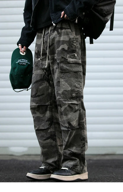 American Tactical Cargo Pants Men Heavyweight Cotton Loose Fit Straight Leg Camouflage Vintage Washed Outdoor Streetwear Premium