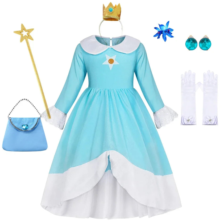 Rosalina Dress Girls Peach Children Halloween Costume Game Role Play Princess Dress Long Sleeve