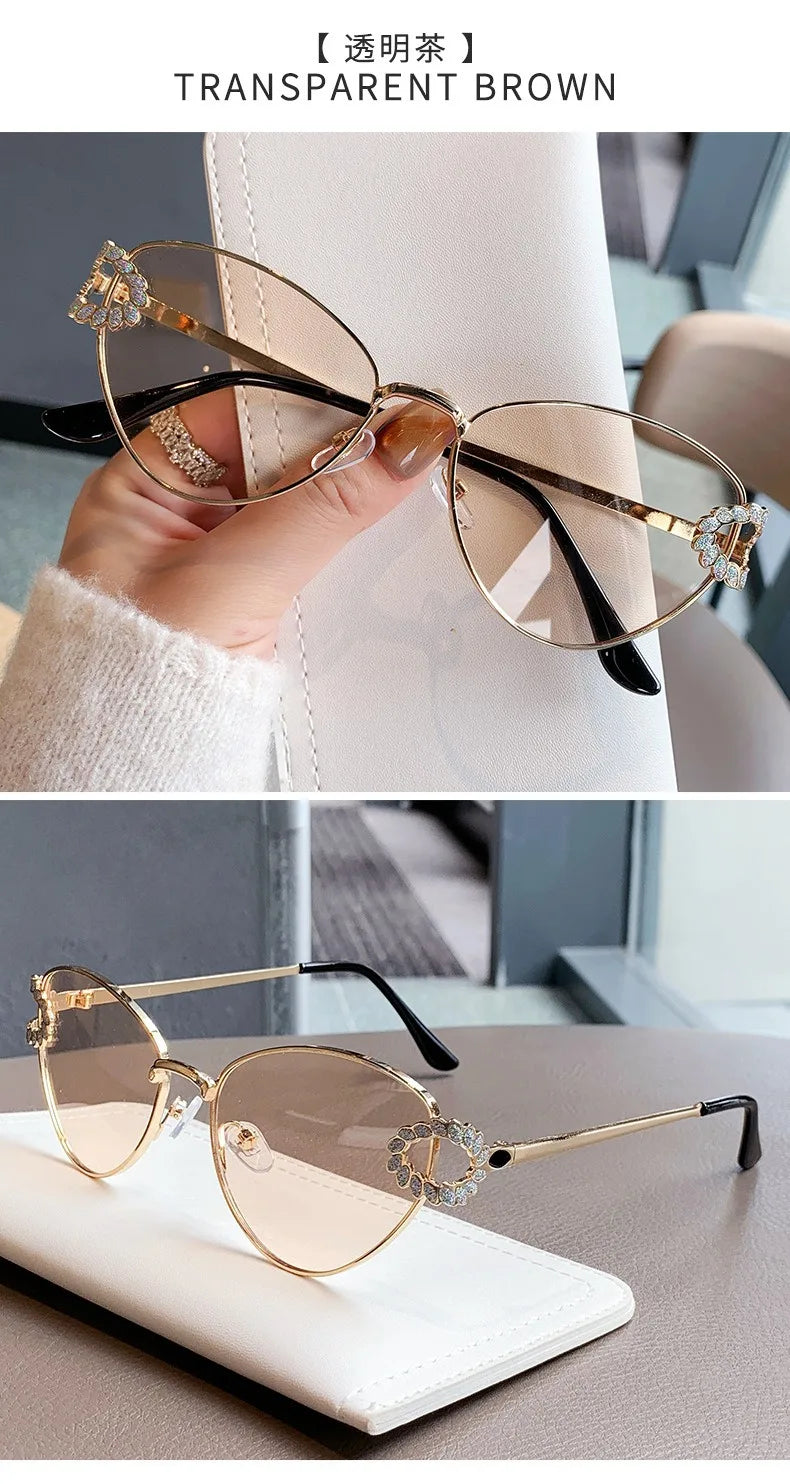 2026 Women Elegant Oval Metal Frame Cat Eye Sunglasses Hollow Rhinestone Wreath Temple UV Protection Gradient Lens Sun Shades