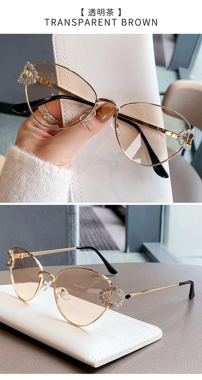 2026 Women Elegant Oval Metal Frame Cat Eye Sunglasses Hollow Rhinestone Wreath Temple UV Protection Gradient Lens Sun Shades