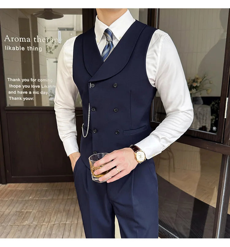 ( Vest + Pants) Men Luxury Double Breasted Design Suit Vest 2 pieces Formal Groom Wedding Dress Vest Set Fashion Club Clothing