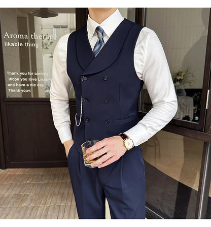 ( Vest + Pants) Men Luxury Double Breasted Design Suit Vest 2 pieces Formal Groom Wedding Dress Vest Set Fashion Club Clothing