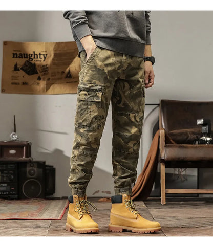 Length Men's Cargo Pant Cotton Stretch Casual Camouflage Trouser Male Camo Cuff Jogger Multi Zip Pocket Outfit Zipper Tied